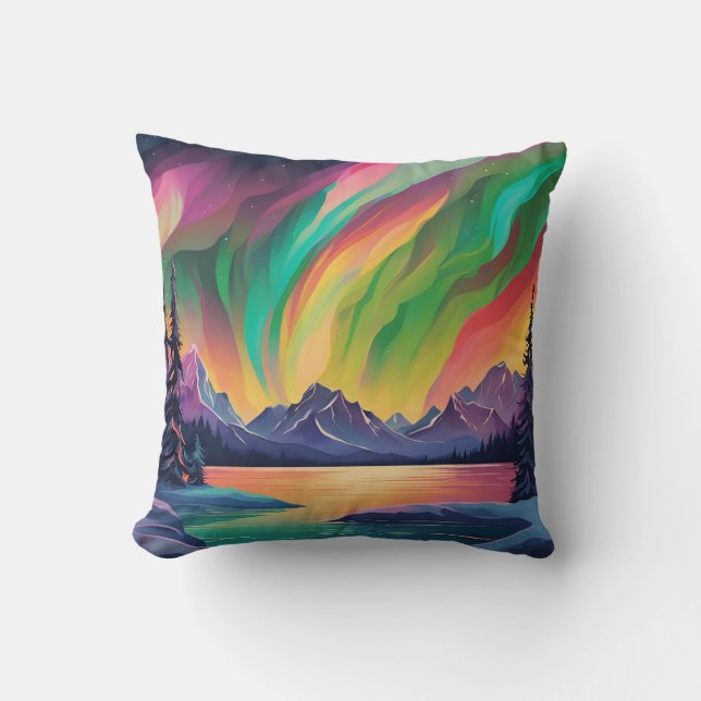 Farbenfrohe Nordlichtkunst Kissen (Vorderseite)