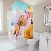 Farbenfrohe Oia Santorini Häuser, Griechenland Duschvorhang (Beispiel)