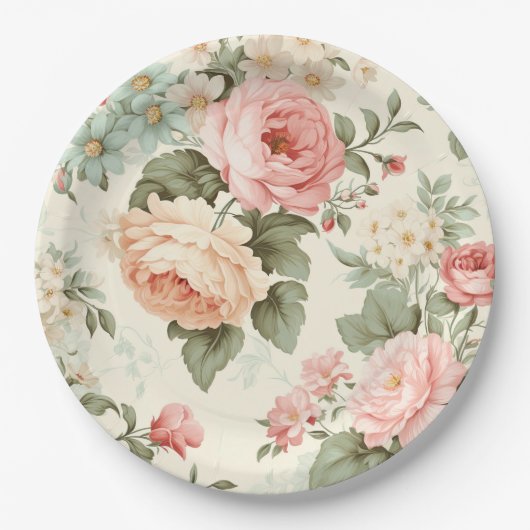 Farbenfrohe orange rosafarbene, florale Papierplat Pappteller (Vorderseite)