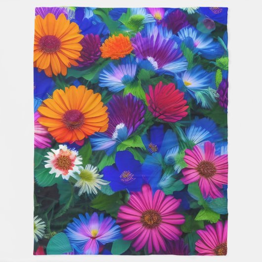 Farbenfrohe Orangen Blau- und Rote Blume Fleecedecke (Vorderseite)