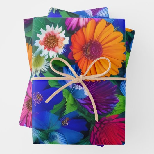 Farbenfrohe Orangen Blau- und Rote Blume Geschenkpapier Set (Beispiel)
