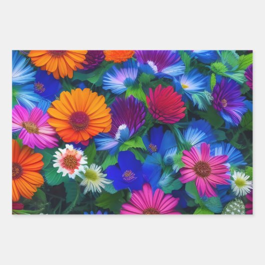 Farbenfrohe Orangen Blau- und Rote Blume Geschenkpapier Set (Vorderseite 3)