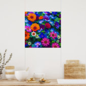 Farbenfrohe Orangen Blau- und Rote Blume Poster (Küche)