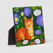 Farbenfrohe Orangenkatze im Blumengarten Fotoplatte (Vorderseite)