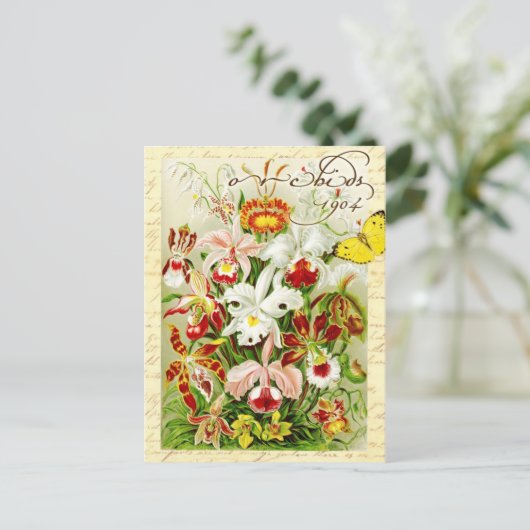 Farbenfrohe Orchideen und gelber Schmetterling Postkarte (Stehend Vorderseite)