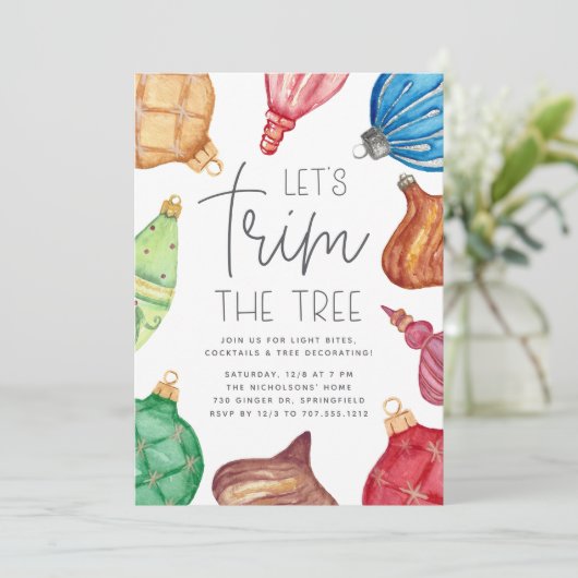 Farbenfrohe Ornamente Christas Tree Trimming Party Einladung (Stehend Vorderseite)