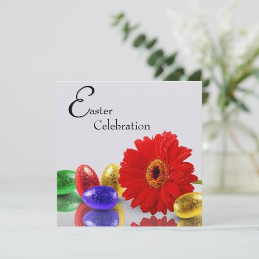 Farbenfrohe Ostereier mit Gerbera Einladung (Stehend Vorderseite)
