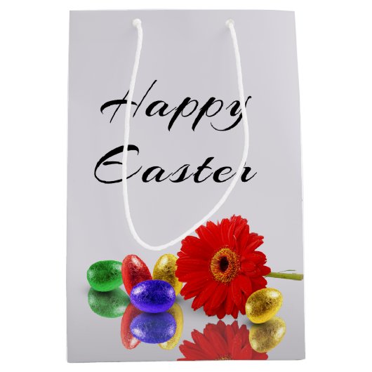 Farbenfrohe Ostereier mit Gerbera Mittlere Geschenktüte (Vorderseite)