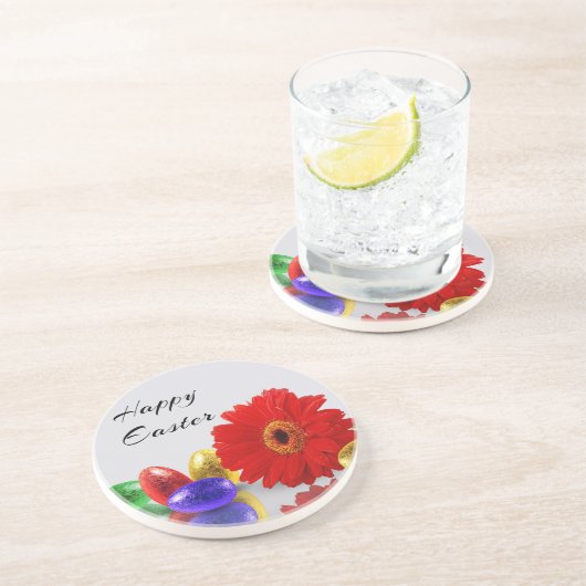 Farbenfrohe Ostereier mit Gerbera Sandstein Untersetzer (Seite)