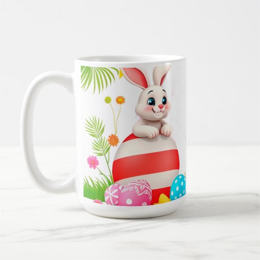 Farbenfrohe Osterhase mit Eiern und Geschenk Kaffeetasse (Links)
