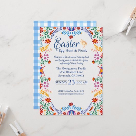 Farbenfrohe Ostern Blaue Gingham-Ostereiersuche Einladung (Vorderseite/Rückseite Beispiel)