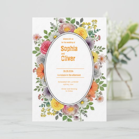Farbenfrohe Oval Rahmen Hochzeit Einladung (Stehend Vorderseite)