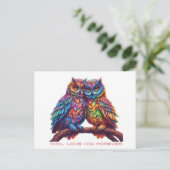 Farbenfrohe Owls-Love Birds-Valentinstag Postkarte (Stehend Vorderseite)