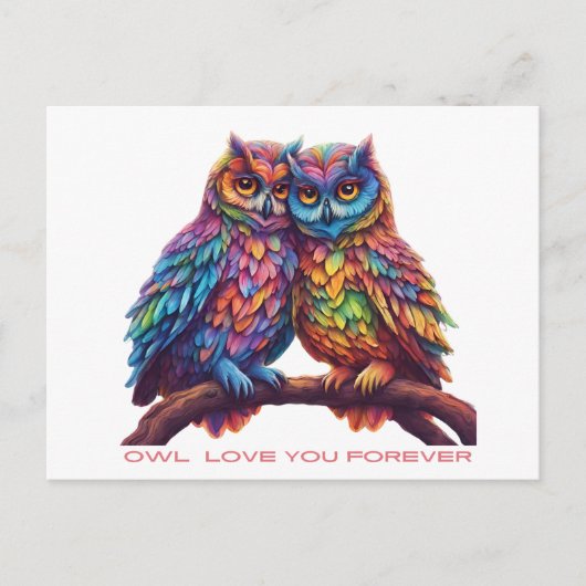 Farbenfrohe Owls-Love Birds-Valentinstag Postkarte (Vorderseite)