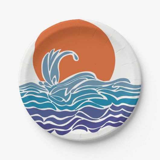 Farbenfrohe Ozeanwellen mit schönem Sonnenuntergan Pappteller (Vorderseite)