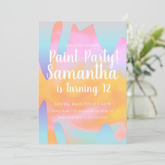 Farbenfrohe Paint Party Drilling Rainbow Birthday Einladung (Stehend Vorderseite)