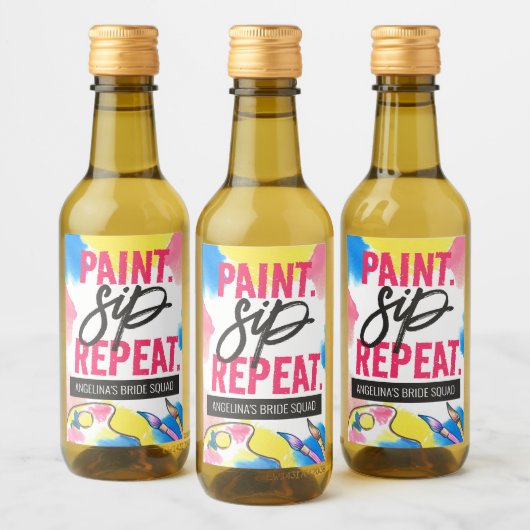 Farbenfrohe Paint Sip Wiederholung Junggeselinnen- Weinetikett (Flaschen)