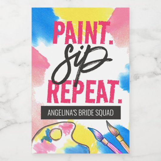Farbenfrohe Paint Sip Wiederholung Junggeselinnen- Weinetikett (Einzelnes Label)