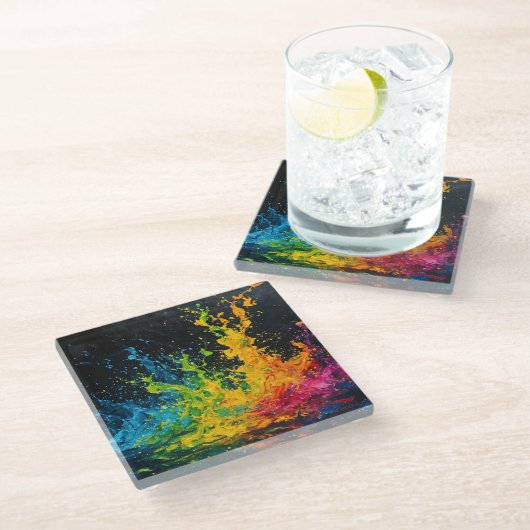 Farbenfrohe Paint Splash Glasuntersetzer (Schrägansicht)