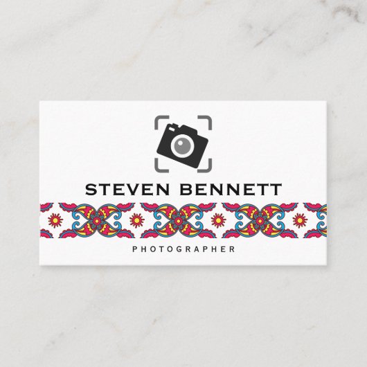 Farbenfrohe Paisley Blume | Fotokamera-Symbol Visitenkarte (Vorderseite)