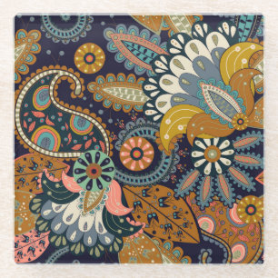 Farbenfrohe Paisley: Indische Tapete mit Blumenmus Glasuntersetzer