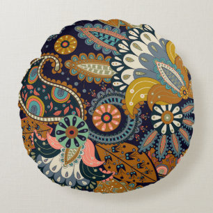Farbenfrohe Paisley: Indische Tapete mit Blumenmus Rundes Kissen