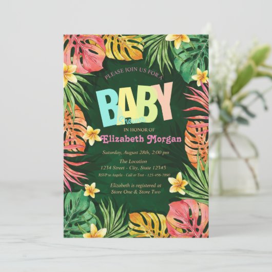 Farbenfrohe Palm Blätter Grüne Babydusche Einladung (Stehend Vorderseite)