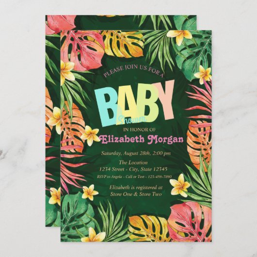Farbenfrohe Palm Blätter Grüne Babydusche Einladung (Vorne/Hinten)