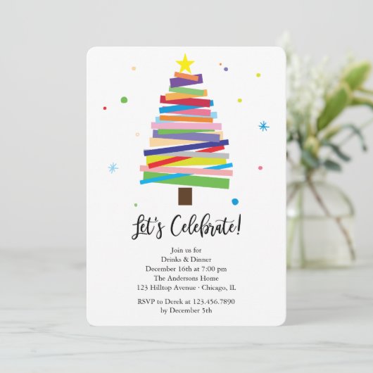 Farbenfrohe Panels Weihnachtsbaum Whimsical Urlaub Einladung (Stehend Vorderseite)