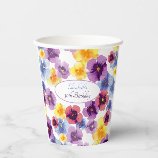 Farbenfrohe Pansy Art HandIllustrierte Hütte Pappbecher (Vorderseite)