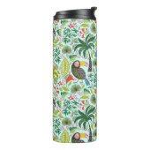 Farbenfrohe Papagei- und Palmenbäume und Blume Thermosbecher (Nach links gedreht)