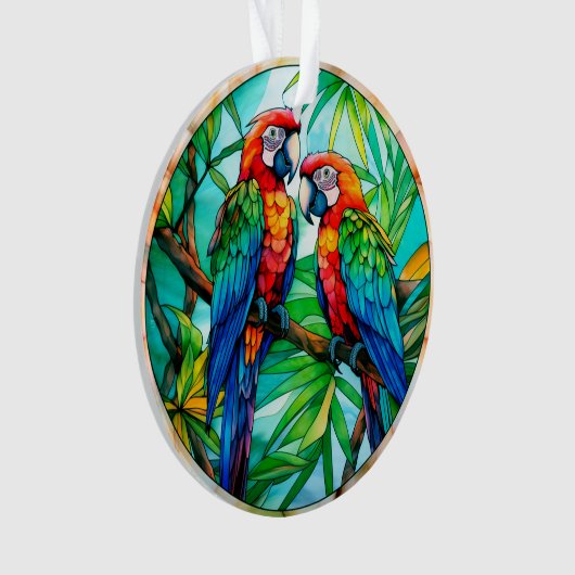 Farbenfrohe Papageien aus festem Glas Ornament (Vorderseite)
