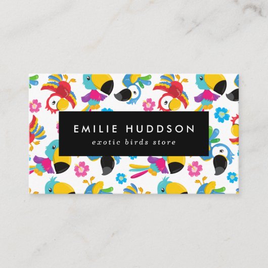 Farbenfrohe Papageien, Blume, Pet Shop, Vogelladen Visitenkarte (Vorderseite)