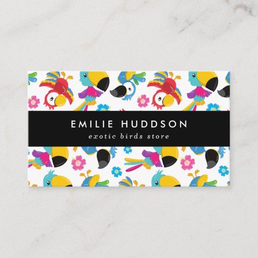 Farbenfrohe Papageien, Blume, Pet Shop, Vogelladen Visitenkarte (Vorderseite)