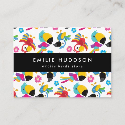 Farbenfrohe Papageien, Blume, Pet Shop, Vogelladen Visitenkarte (Vorderseite)
