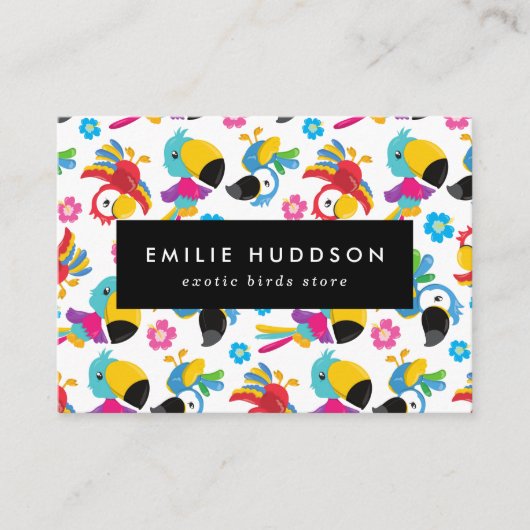 Farbenfrohe Papageien, Blume, Pet Shop, Vogelladen Visitenkarte (Vorderseite)