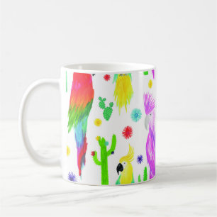 Farbenfrohe Papageien, handgezeichnet Muster. Kaffeetasse