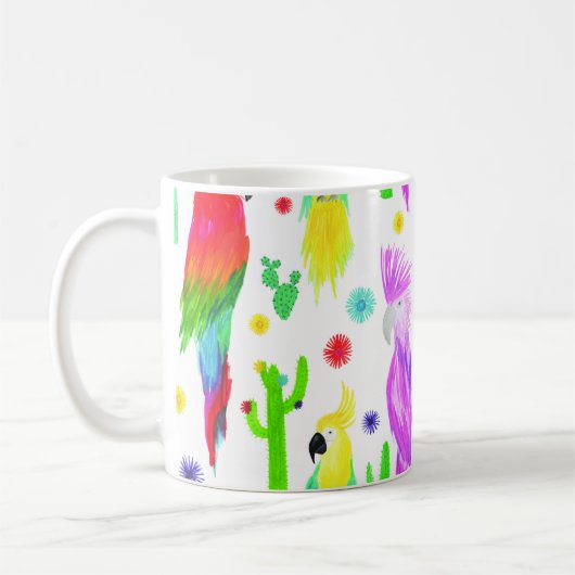 Farbenfrohe Papageien, handgezeichnet Muster. Kaffeetasse (Links)