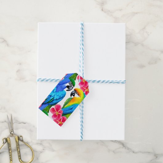 Farbenfrohe Papageien mit tropischen Blume Geschenkanhänger (Mit Garn)