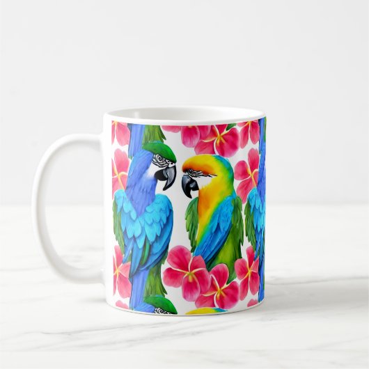 Farbenfrohe Papageien mit tropischen Blume Kaffeetasse (Links)