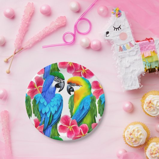 Farbenfrohe Papageien mit tropischen Blume Pappteller (Party)