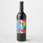 Farbenfrohe Papageien mit tropischen Blume Weinetikett (Vorderseite)