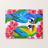Farbenfrohe Papageien mit tropischen Blume werfen Puzzle (Horizontal)