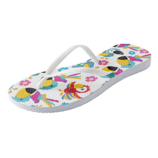 Farbenfrohe Papageien, tropische Papageien, Vögel, Badesandalen (Schrägansicht)