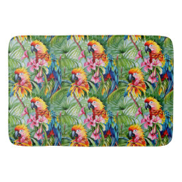 Farbenfrohe Papageien und tropische Blume Badematte