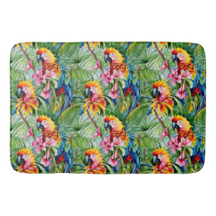 Farbenfrohe Papageien und tropische Blume Badematte