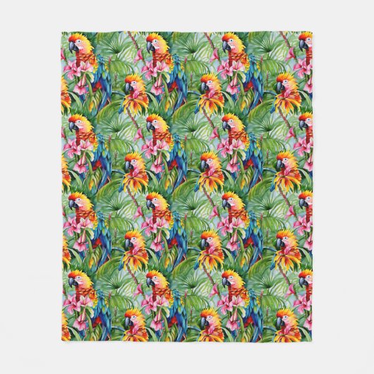 Farbenfrohe Papageien und tropische Blume Fleecedecke (Vorderseite)