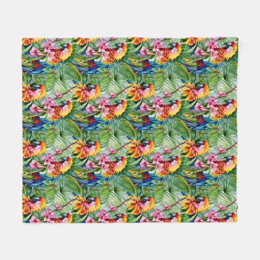 Farbenfrohe Papageien und tropische Blume Fleecedecke (Vorderseite (Horizontal))