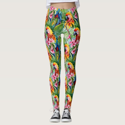 Farbenfrohe Papageien und tropische Blume Leggings (Vorderseite)