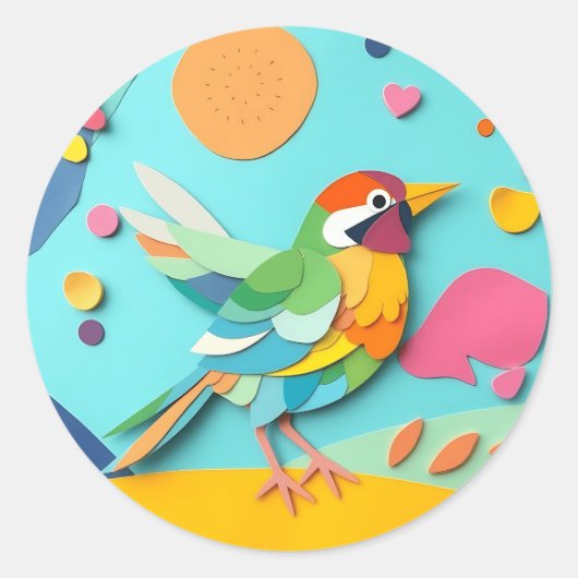 Farbenfrohe Papier Collage Bird Runder Aufkleber (Vorderseite)